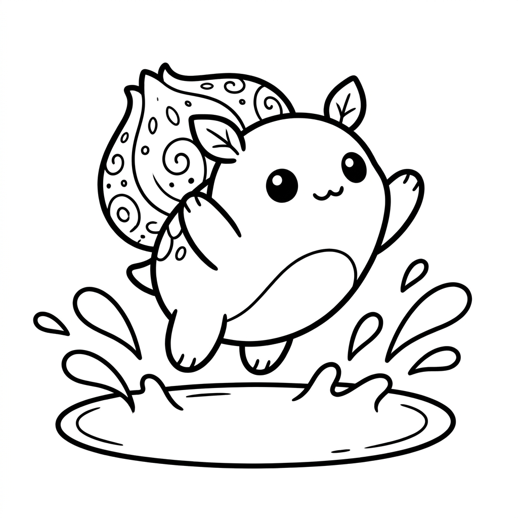 Bulbasaur coloring page jumping into a big puddle with fun splash drops